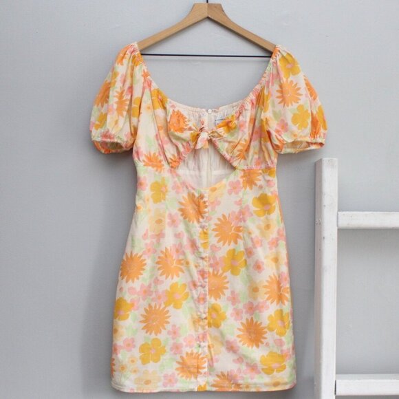 SABO Enga Dress Sunny Floral Orange Bust Cutout Puff Sleeve Mini Dess SZ Medium - Picture 3 of 8